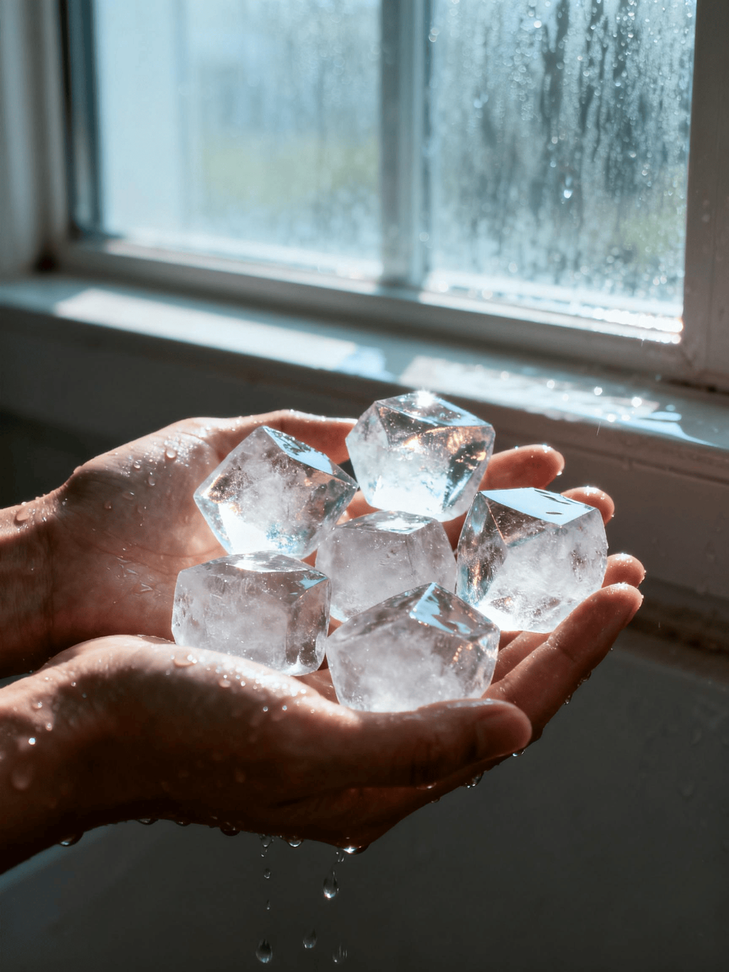 jimeng-2026-03-09-1170-双手捧着7颗又大又透的不规则形状的冰块，背景是透阳光的窗户，手被水打湿.png